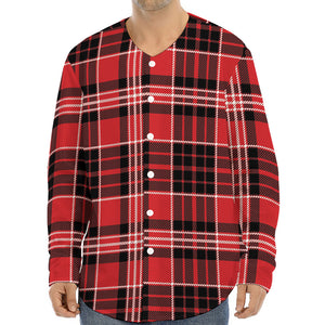 Red Black And White Scottish Plaid Print Long Sleeve Baseball Jersey