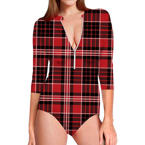 Red Black And White Scottish Plaid Print Long Sleeve Swimsuit