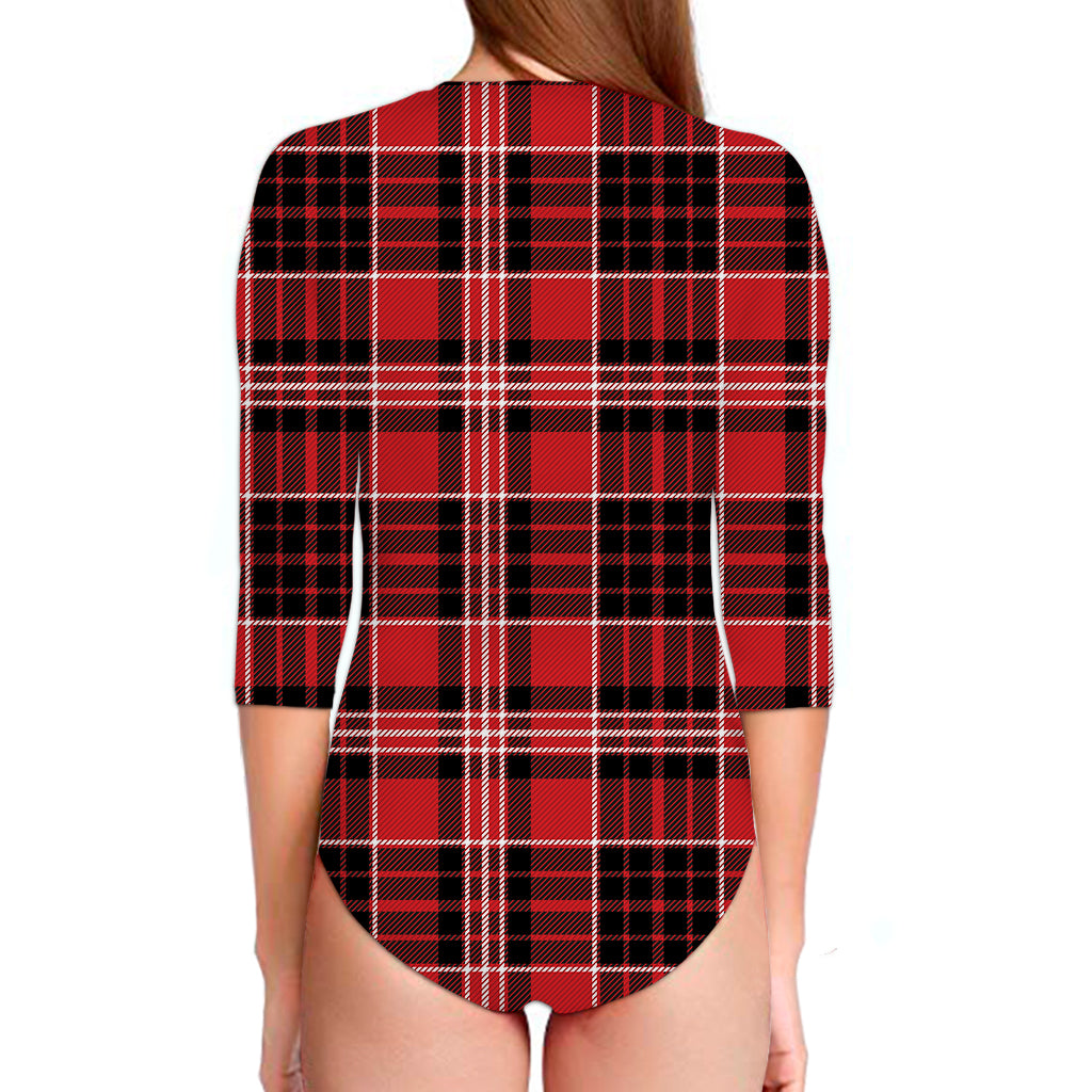 Red Black And White Scottish Plaid Print Long Sleeve Swimsuit