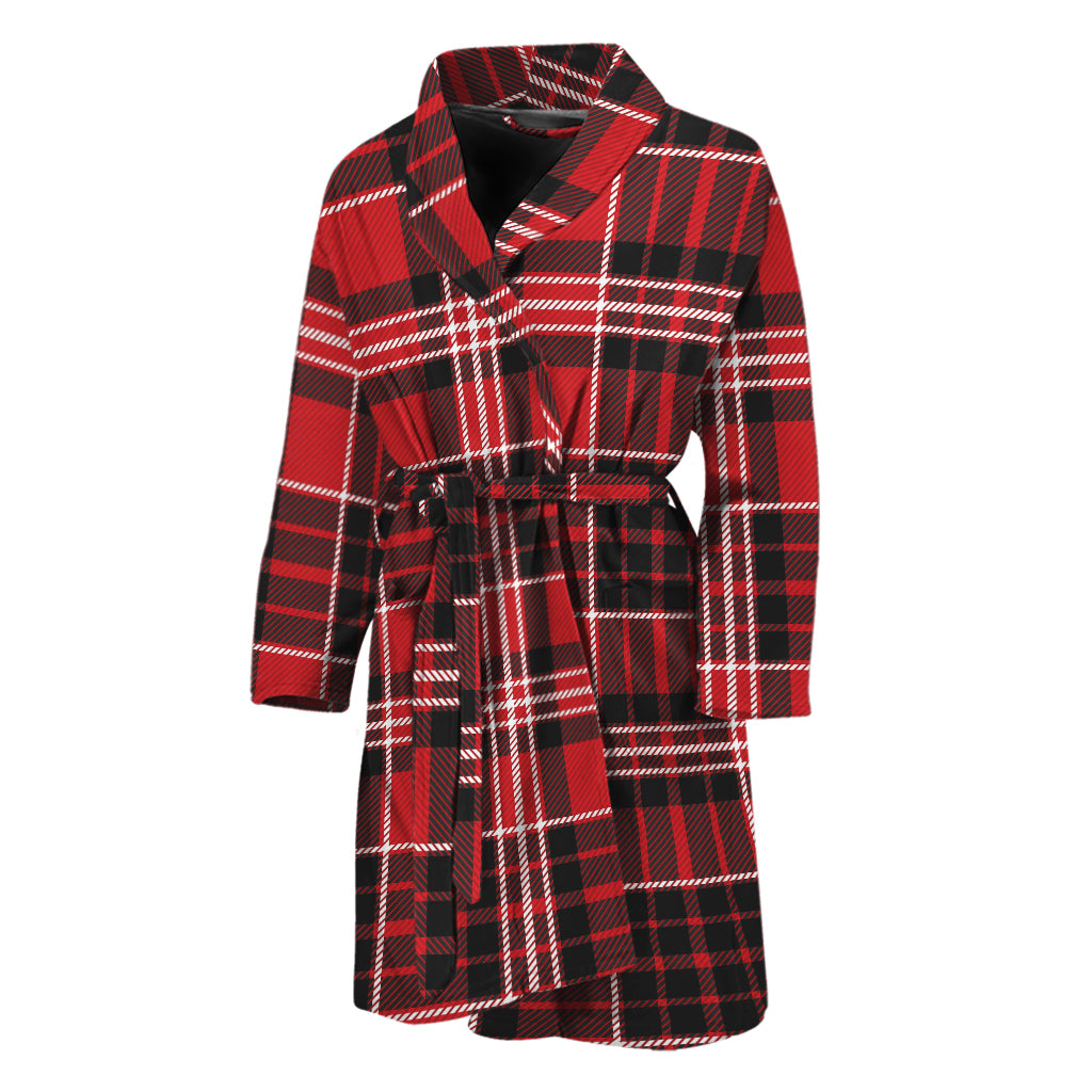 Red Black And White Scottish Plaid Print Men's Bathrobe