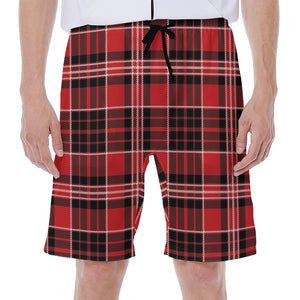 Red Black And White Scottish Plaid Print Men's Beach Shorts