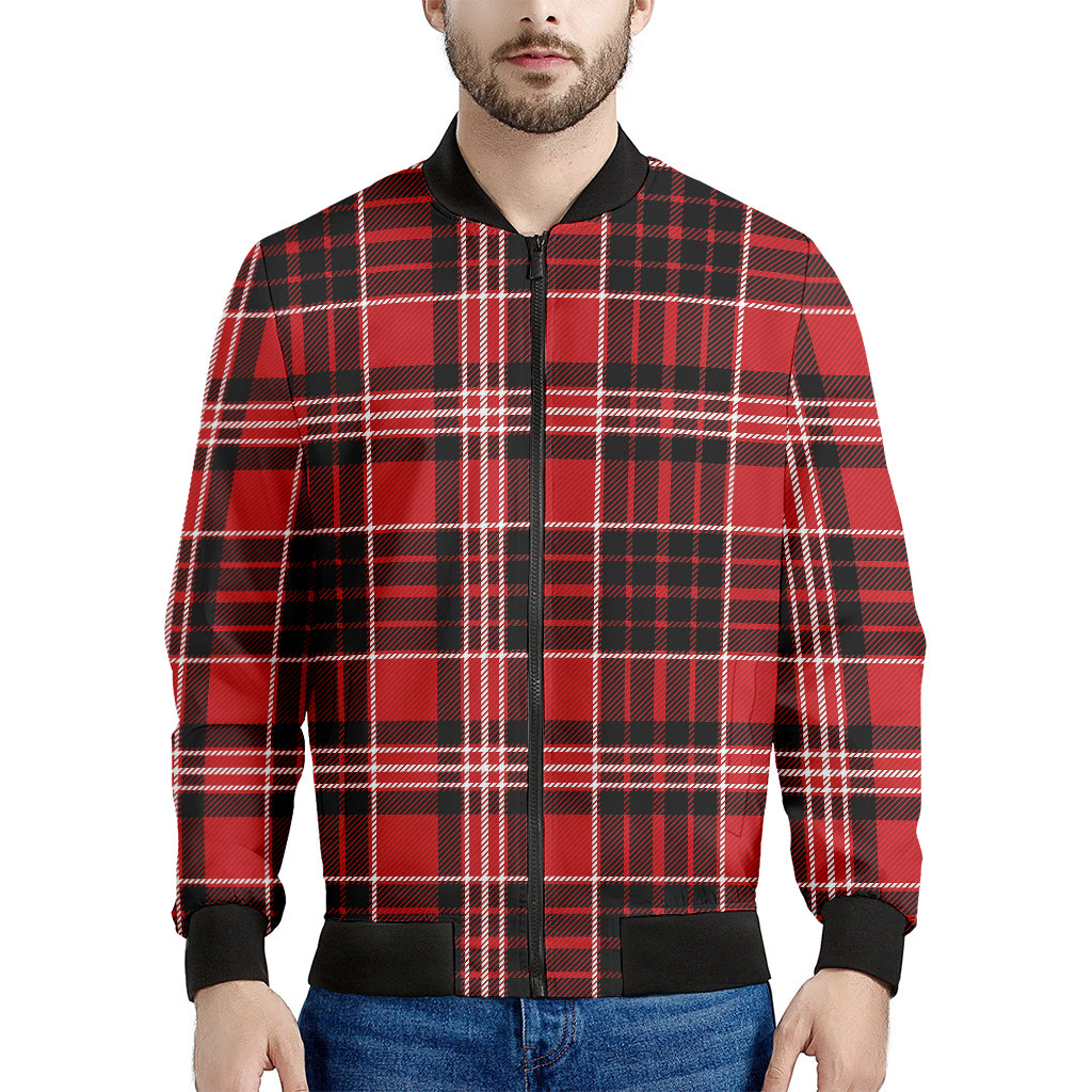Red Black And White Scottish Plaid Print Men's Bomber Jacket