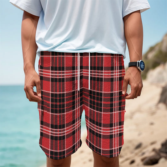 Red Black And White Scottish Plaid Print Men's Cargo Shorts