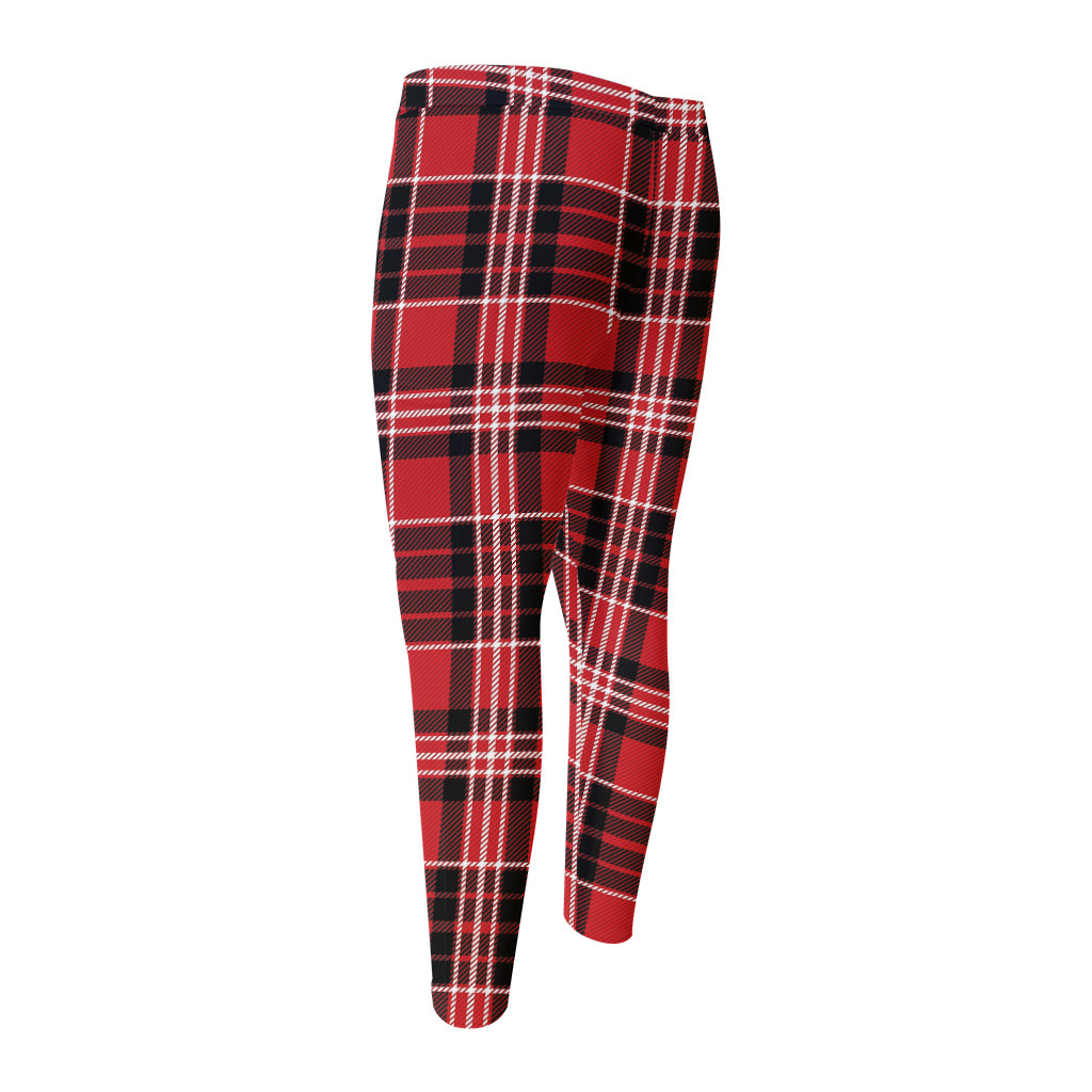 Red Black And White Scottish Plaid Print Men's Compression Pants