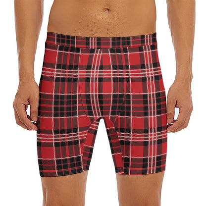 Red Black And White Scottish Plaid Print Men's Long Boxer Briefs
