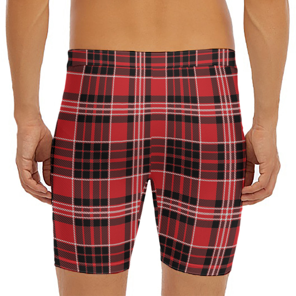 Red Black And White Scottish Plaid Print Men's Long Boxer Briefs