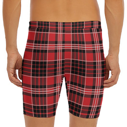 Red Black And White Scottish Plaid Print Men's Long Boxer Briefs