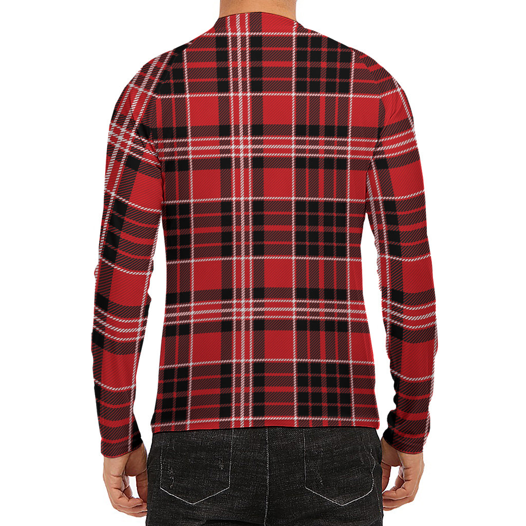 Red Black And White Scottish Plaid Print Men's Long Sleeve Rash Guard