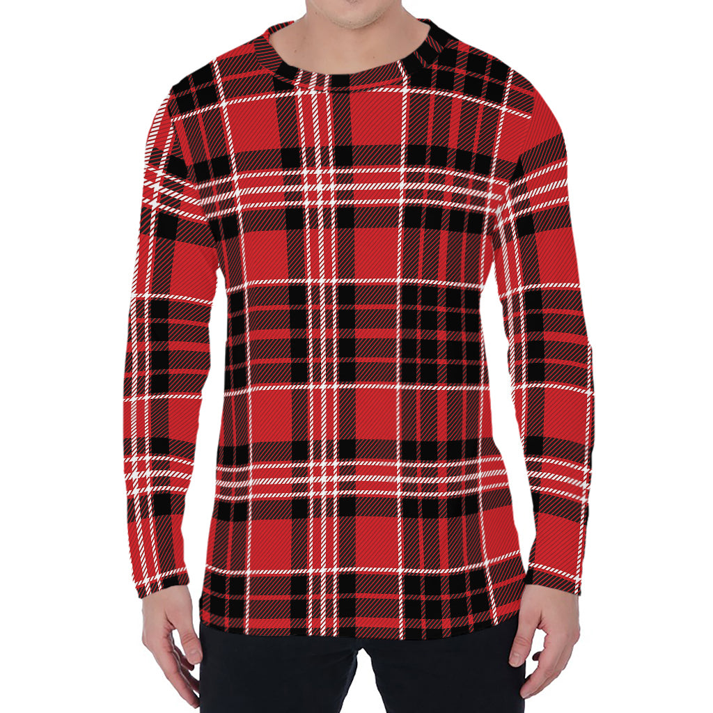 Red Black And White Scottish Plaid Print Men's Long Sleeve T-Shirt