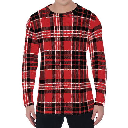 Red Black And White Scottish Plaid Print Men's Long Sleeve T-Shirt