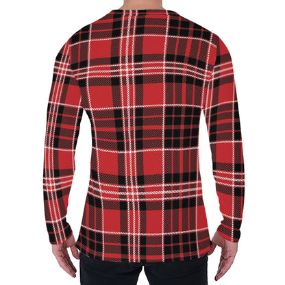 Red Black And White Scottish Plaid Print Men's Long Sleeve T-Shirt