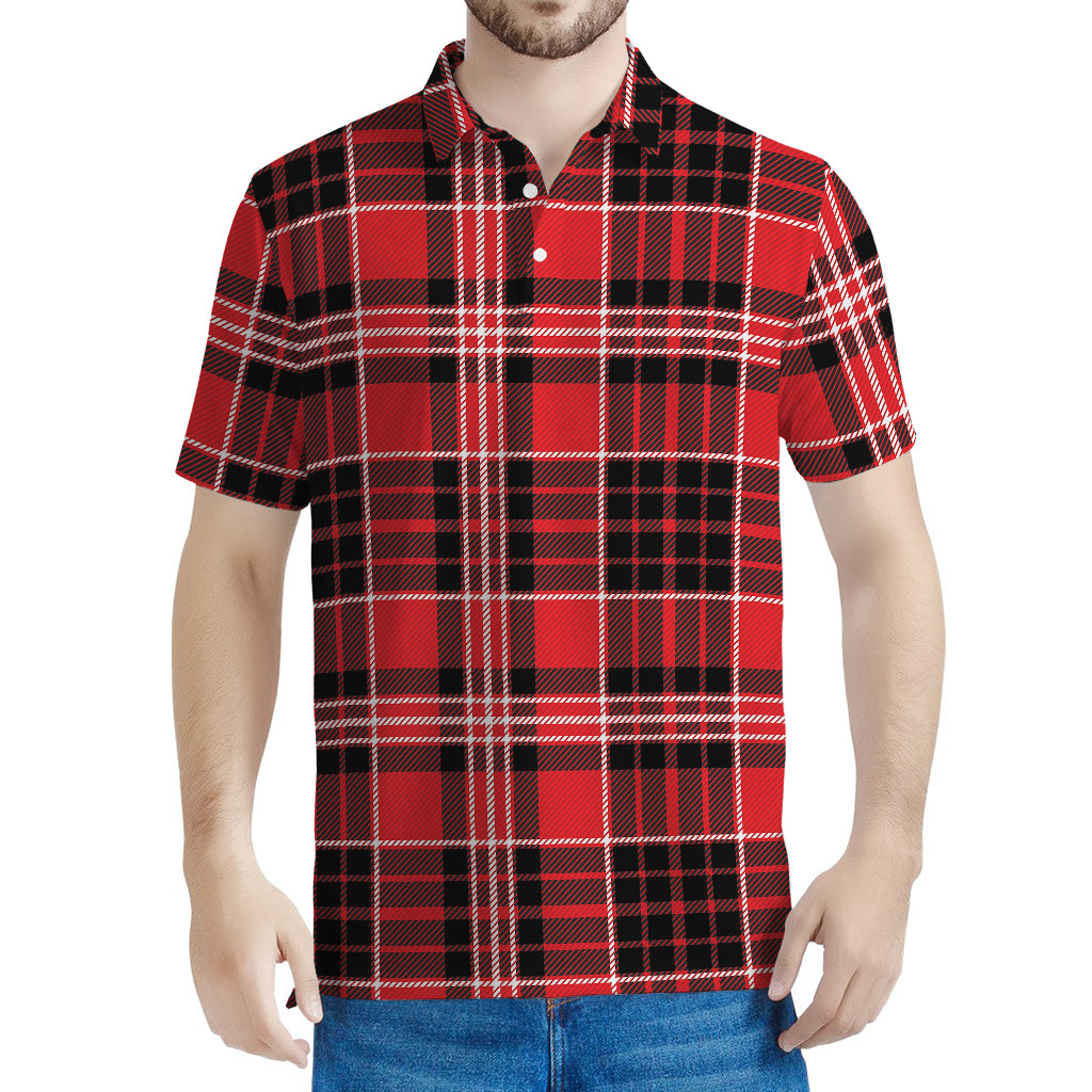 Red Black And White Scottish Plaid Print Men's Polo Shirt
