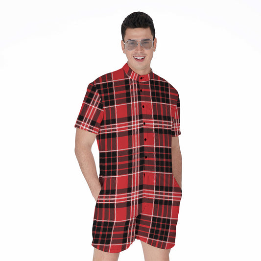 Red Black And White Scottish Plaid Print Men's Rompers