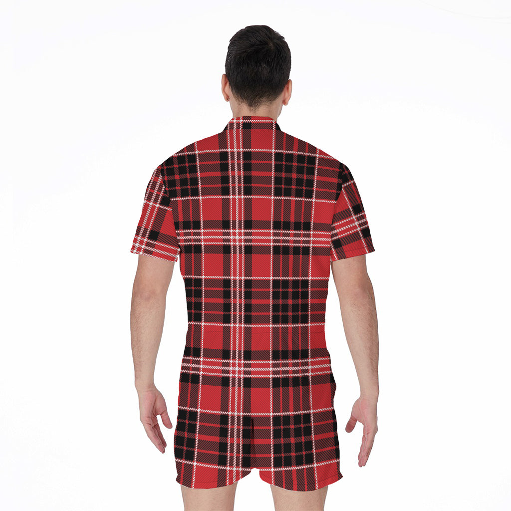 Red Black And White Scottish Plaid Print Men's Rompers