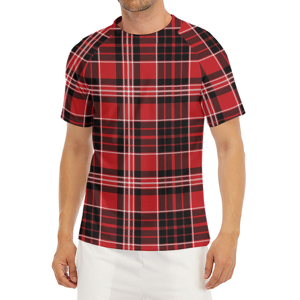 Red Black And White Scottish Plaid Print Men's Short Sleeve Rash Guard