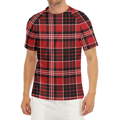 Red Black And White Scottish Plaid Print Men's Short Sleeve Rash Guard