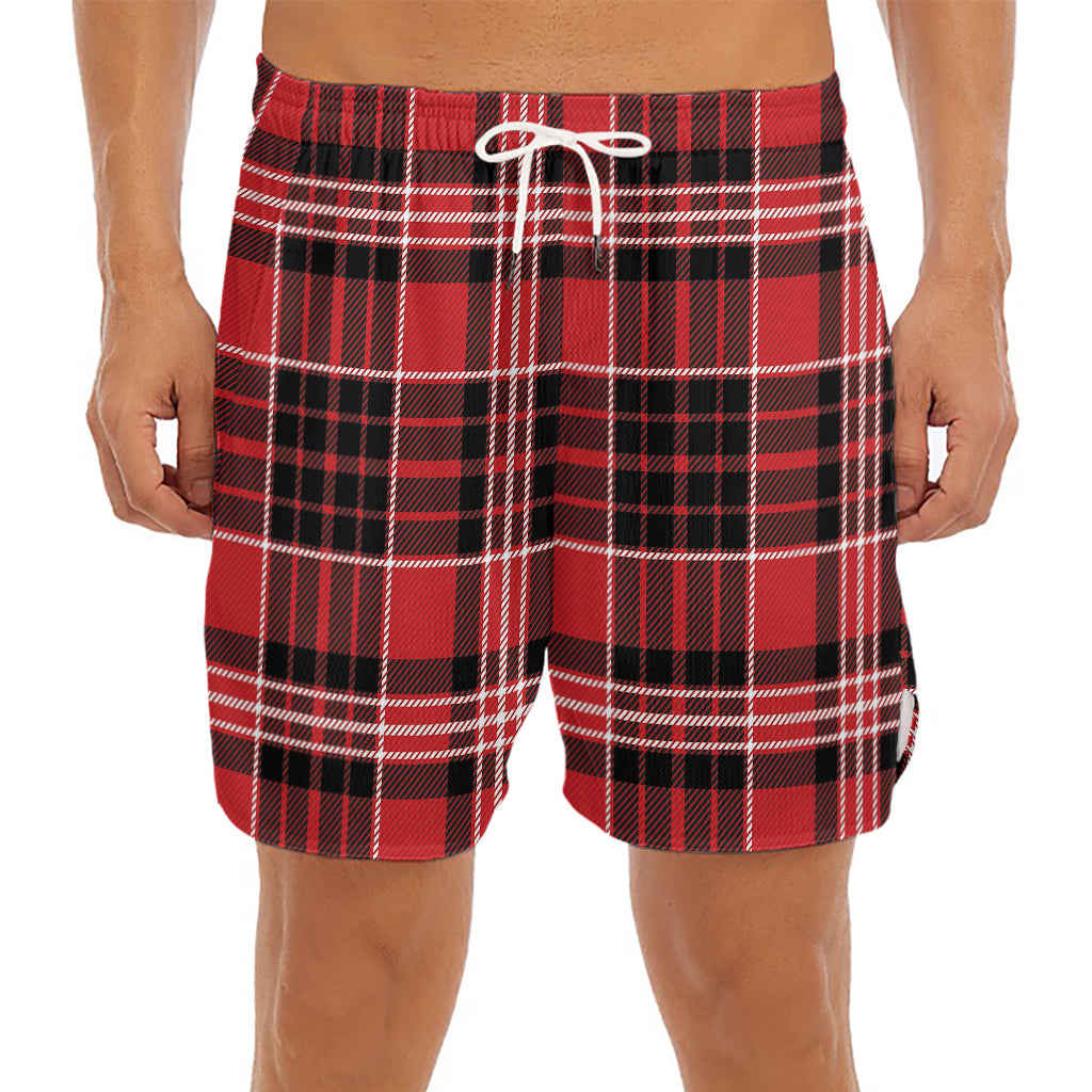 Red Black And White Scottish Plaid Print Men's Split Running Shorts
