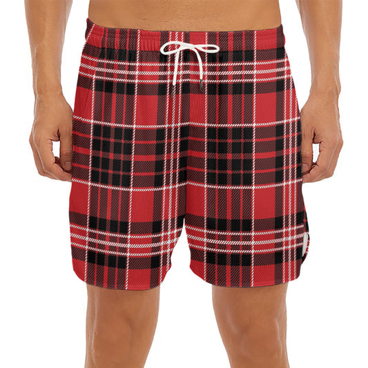 Red Black And White Scottish Plaid Print Men's Split Running Shorts