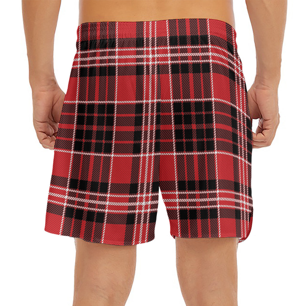 Red Black And White Scottish Plaid Print Men's Split Running Shorts