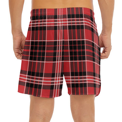 Red Black And White Scottish Plaid Print Men's Split Running Shorts