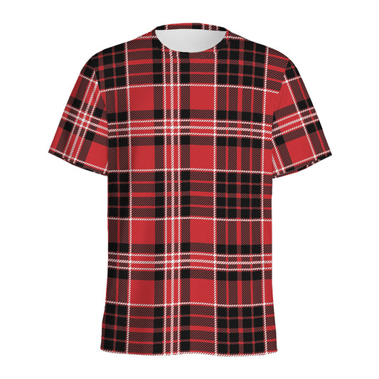 Red Black And White Scottish Plaid Print Men's Sports T-Shirt