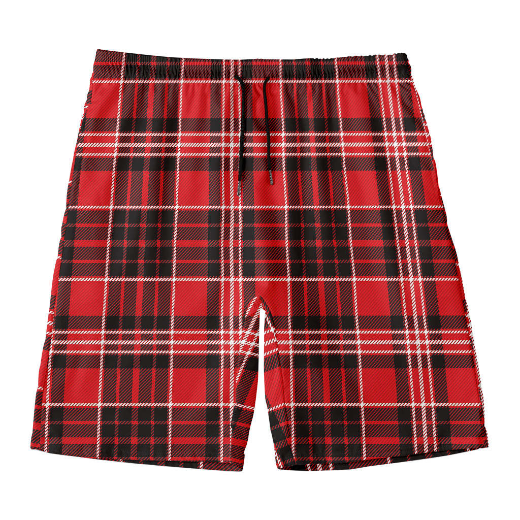 Red Black And White Scottish Plaid Print Men's Swim Trunks