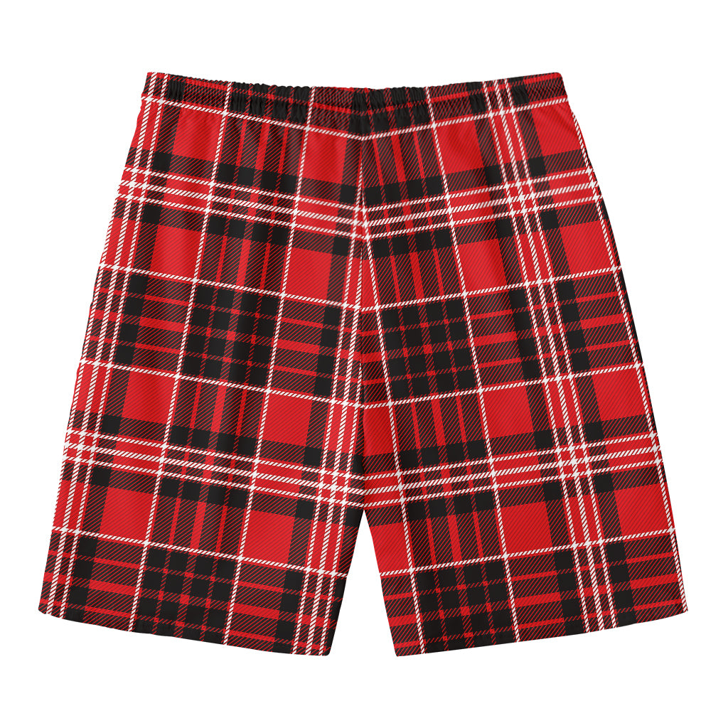 Red Black And White Scottish Plaid Print Men's Swim Trunks