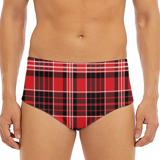 Red Black And White Scottish Plaid Print Men's Triangle Swim Briefs