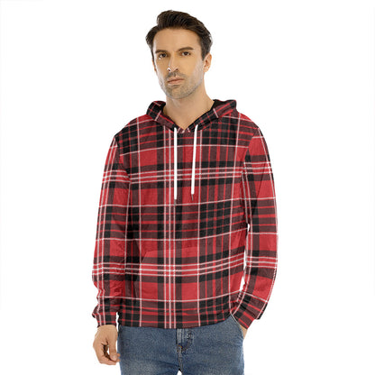Red Black And White Scottish Plaid Print Men's Velvet Pullover Hoodie