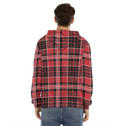 Red Black And White Scottish Plaid Print Men's Velvet Pullover Hoodie