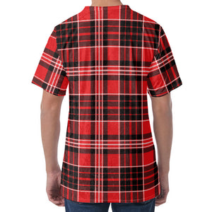 Red Black And White Scottish Plaid Print Men's Velvet T-Shirt