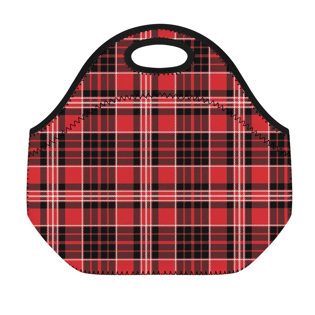 Red Black And White Scottish Plaid Print Neoprene Lunch Bag