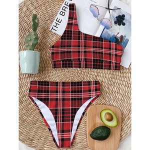 Red Black And White Scottish Plaid Print One Shoulder Bikini Top