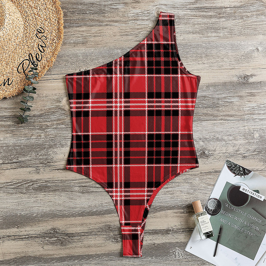 Red Black And White Scottish Plaid Print One Shoulder Bodysuit