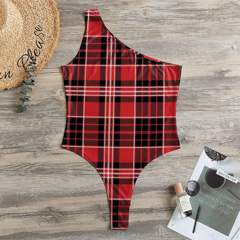 Red Black And White Scottish Plaid Print One Shoulder Bodysuit