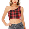 Red Black And White Scottish Plaid Print One Shoulder Crop Top