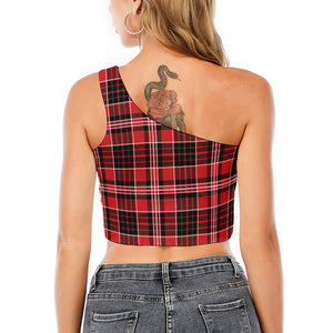 Red Black And White Scottish Plaid Print One Shoulder Crop Top