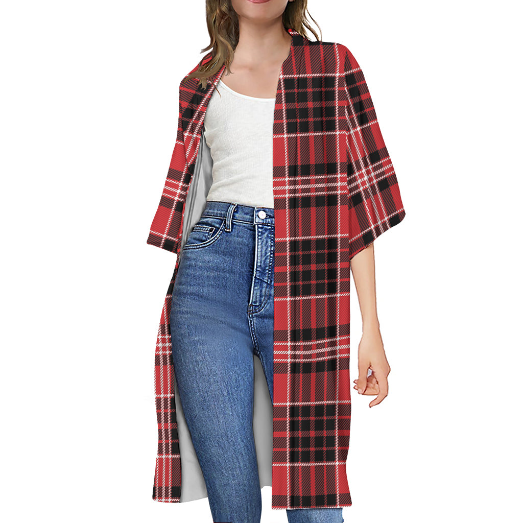 Red Black And White Scottish Plaid Print Open Front Beach Cover Up