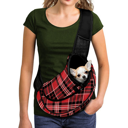 Red Black And White Scottish Plaid Print Pet Sling Carrier