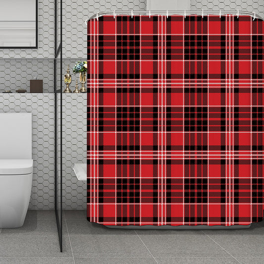 Red Black And White Scottish Plaid Print Polyester Shower Curtain