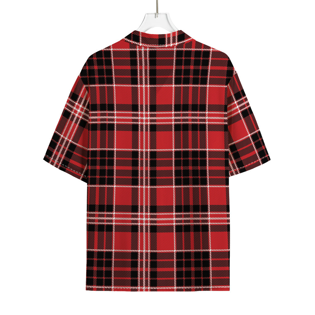 Red Black And White Scottish Plaid Print Rayon Hawaiian Shirt