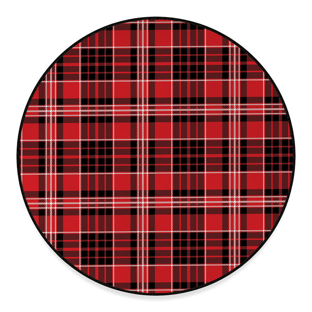 Red Black And White Scottish Plaid Print Round Floor Mat