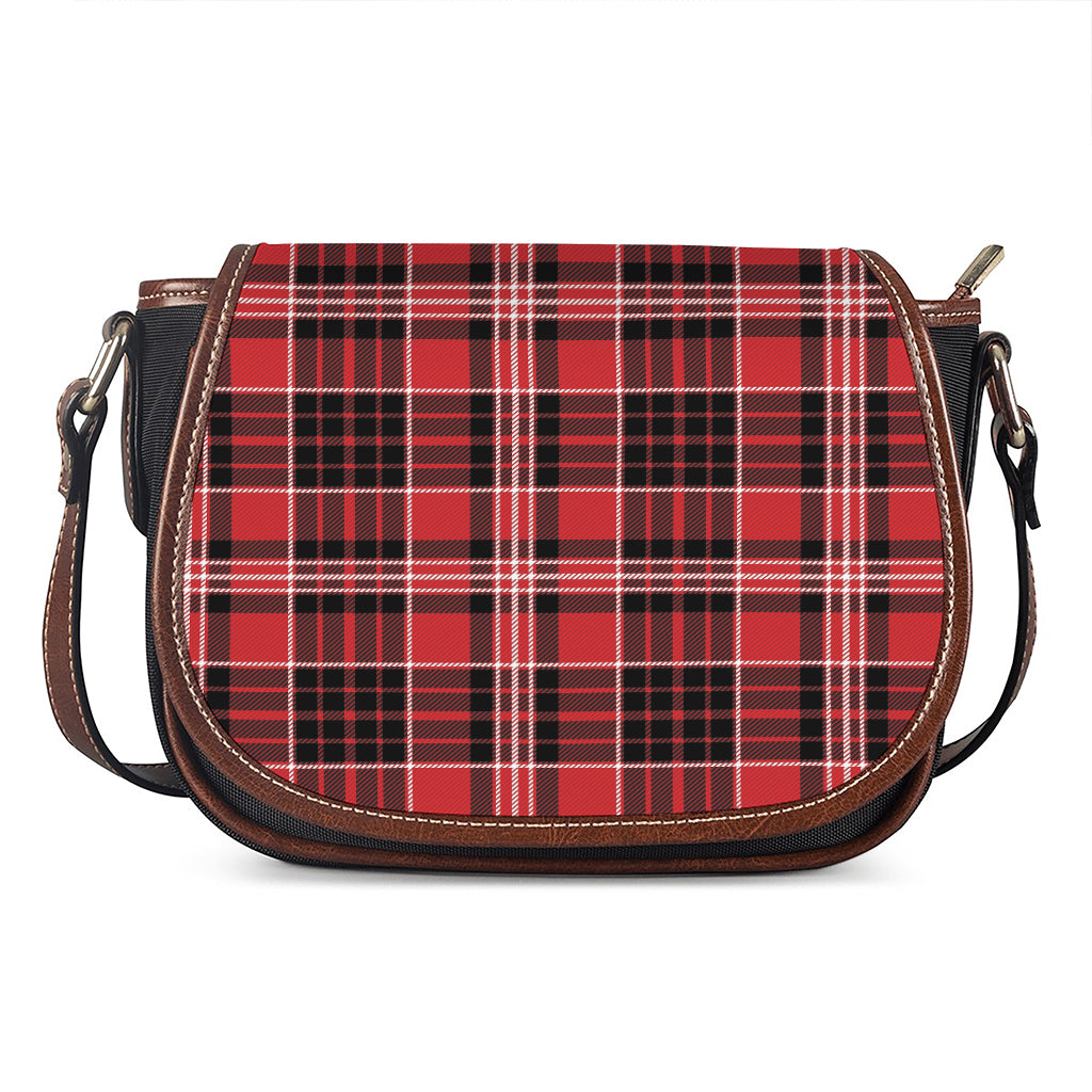 Red Black And White Scottish Plaid Print Saddle Bag