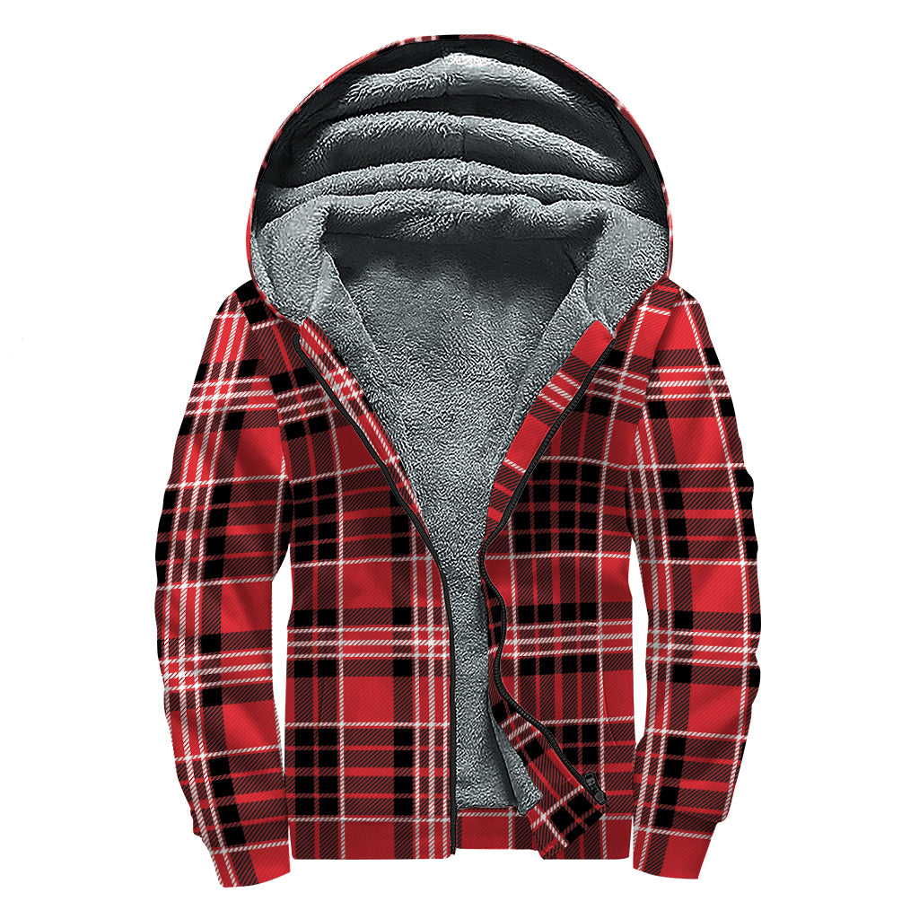 Red Black And White Scottish Plaid Print Sherpa Lined Zip Up Hoodie