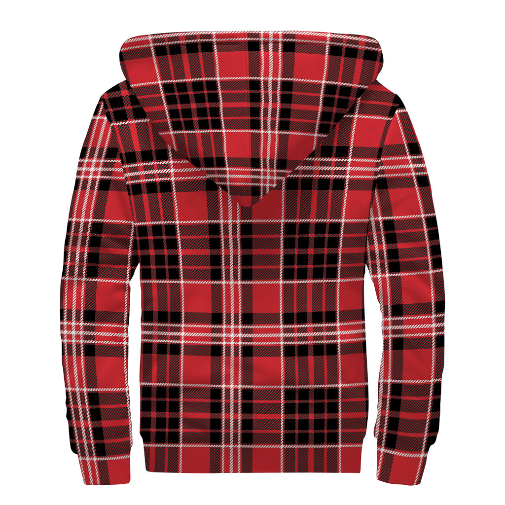 Red Black And White Scottish Plaid Print Sherpa Lined Zip Up Hoodie