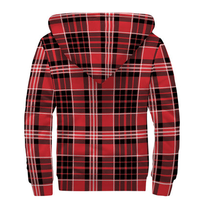 Red Black And White Scottish Plaid Print Sherpa Lined Zip Up Hoodie