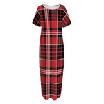 Red Black And White Scottish Plaid Print Short Sleeve Long Nightdress