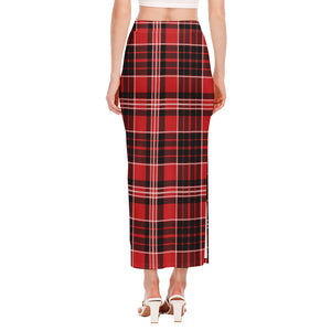 Red Black And White Scottish Plaid Print Side Slit Maxi Skirt