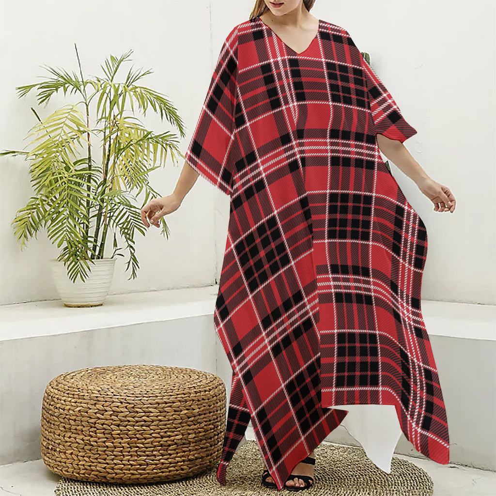 Red Black And White Scottish Plaid Print Silk V-Neck Kaftan Dress