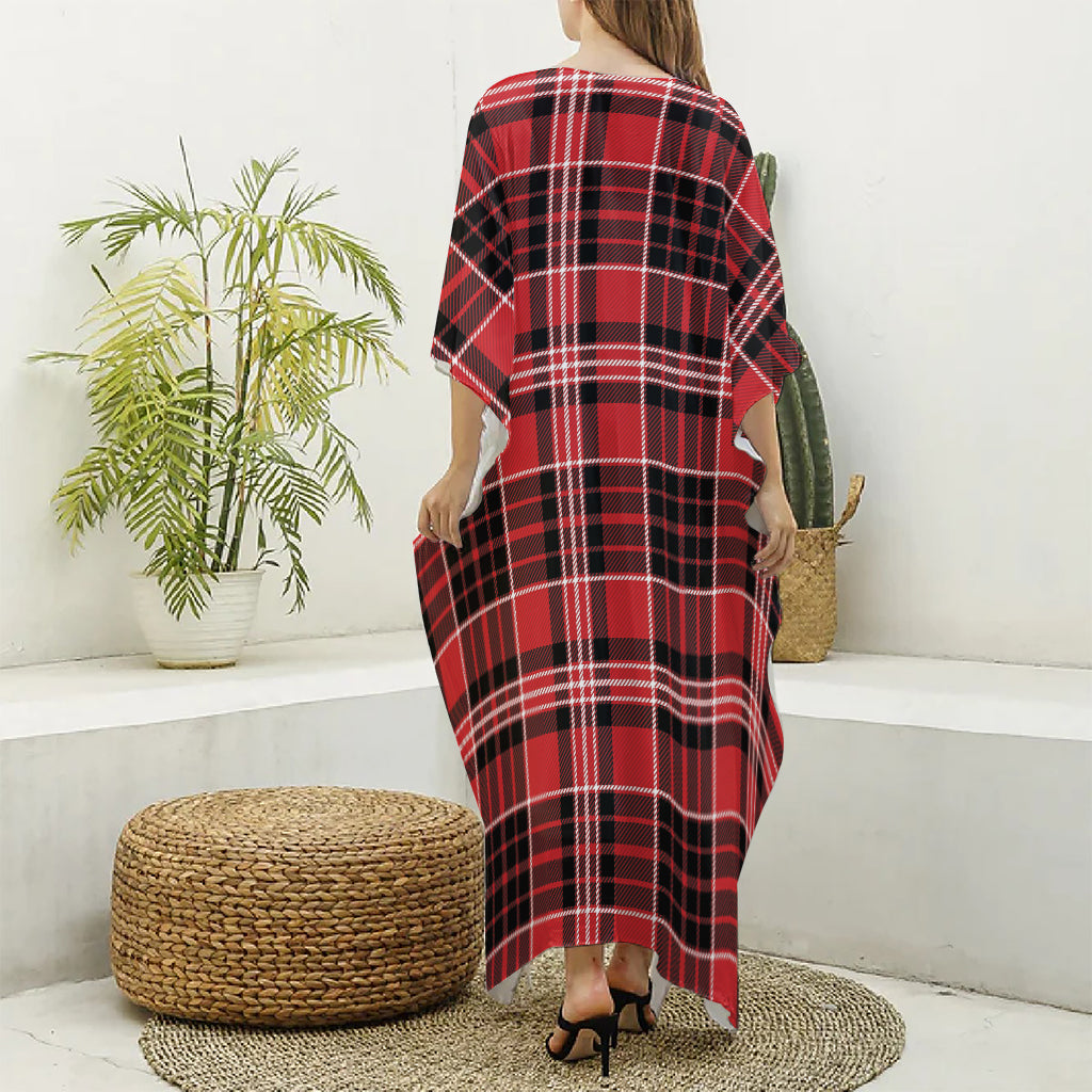 Red Black And White Scottish Plaid Print Silk V-Neck Kaftan Dress